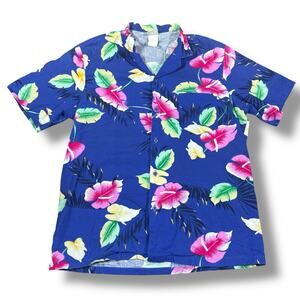 Vintage 90s Sun Bay Hawaiian Shirt Mens‎ Large Blue Pink Floral Palm Tree Beach
